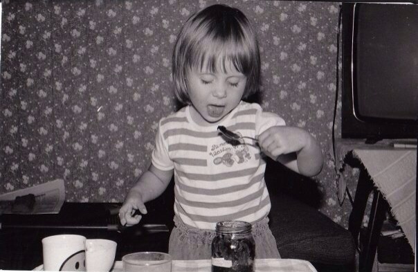 Age 3. I made myself lunch. Note the back-up spoon in my right hand. 